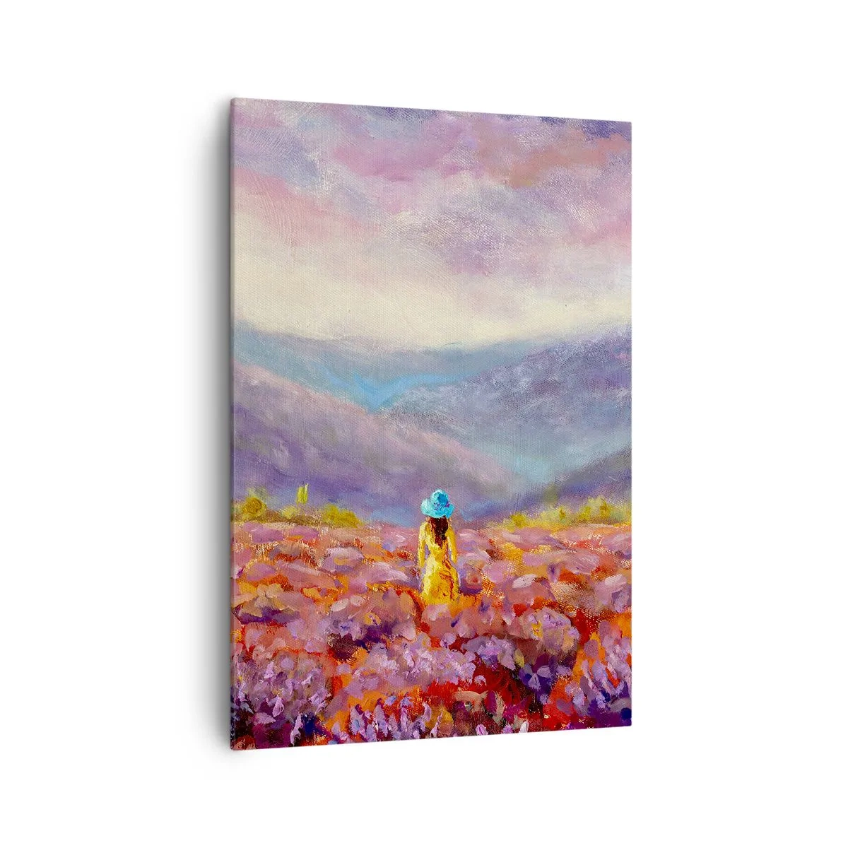 Cuadro sobre lienzo - Impresión de Imagen - Una mujer con sombrero caminando por un campo de lavanda. - 70x100cm - En un mundo de lavanda - Decoración de pared moderna para salón y dormitorio ARTTOR