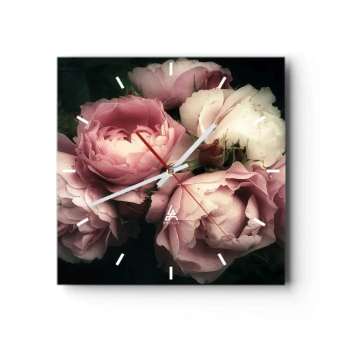 Reloj de pared - Reloj de vidrio - Un ramo de rosas en delicados tonos rosa y blanco. - 30x30cm - El encanto de la belle époque - Decoración de pared moderna para salón y dormitorio ARTTOR