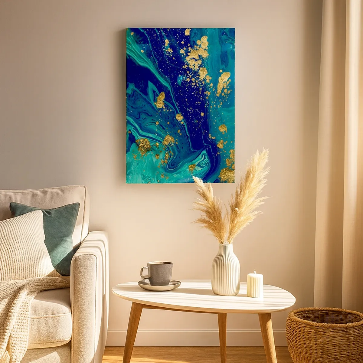 Cuadro sobre lienzo - Impresión de Imagen - Una composición abstracta con acentos azules, verdes y dorados. - 50x70cm - Pétalos de sol  - Decoración de pared moderna para salón y dormitorio ARTTOR