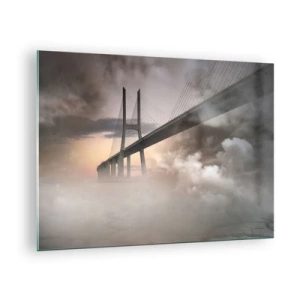 Cuadro sobre vidrio - Impresiones sobre Vidrio - Un puente en la niebla con un cielo dramático y perspectiva de profundidad. - 70x50cm - Junto al río que no existe - Decoración de pared moderna para salón y dormitorio ARTTOR