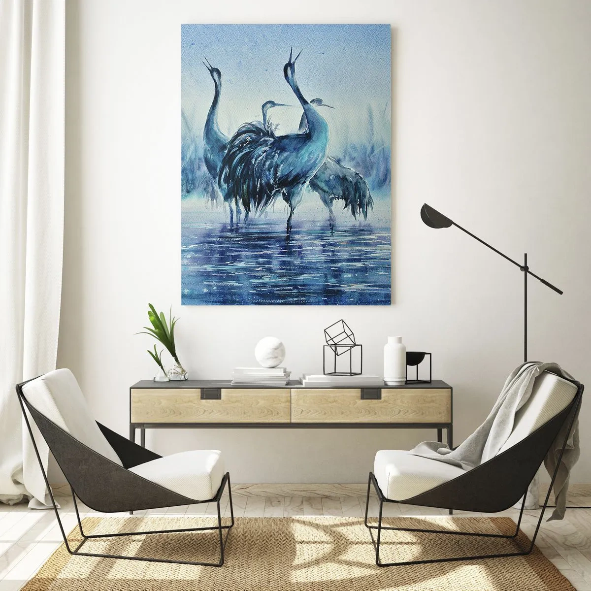 Cuadro sobre vidrio - Impresiones sobre Vidrio - Pájaros vadeando en agua azul - 50x70cm - Reunión matinal - Decoración de pared moderna para salón y dormitorio ARTTOR