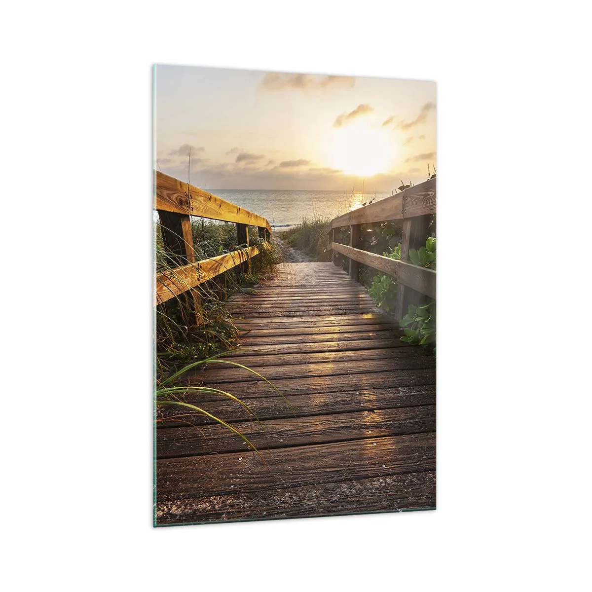 Cuadro sobre vidrio - Impresiones sobre Vidrio - Muelle de madera que conduce a la playa al atardecer - 70x100cm - Y directamente a la orilla - Decoración de pared moderna para salón y dormitorio ARTTOR