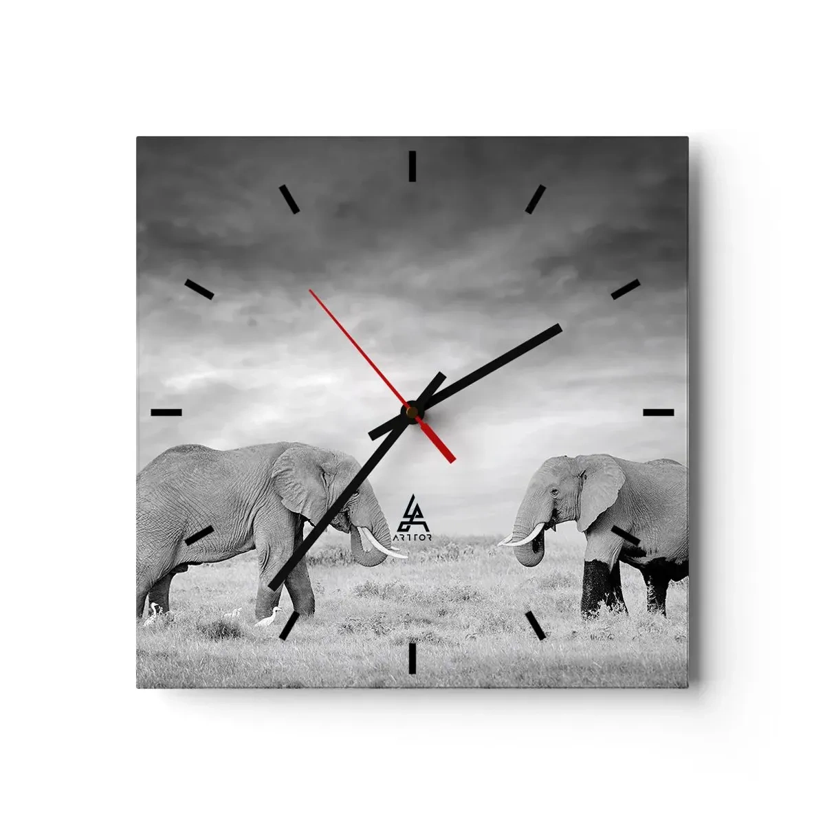 Reloj de pared - Reloj de vidrio - Dos elefantes con la sabana africana como telón de fondo - 30x30cm - El gris es hermoso - Decoración de pared moderna para salón y dormitorio ARTTOR