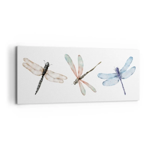Cuadro sobre lienzo - Impresión de Imagen - Tres libélulas en delicados colores pastel. - 120x50cm - Libélulas ingrávidas - Decoración de pared moderna para salón y dormitorio ARTTOR