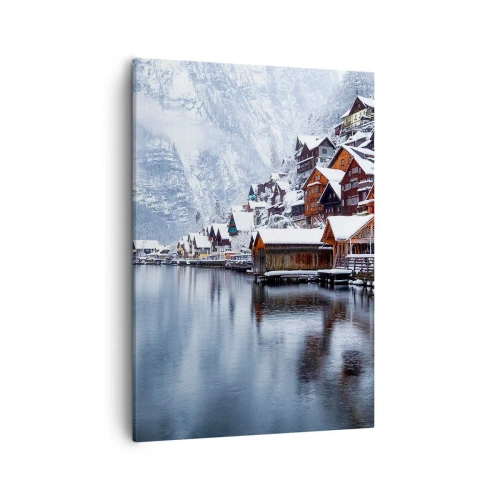 Cuadro sobre lienzo - Impresión de Imagen - Vista invernal de un pueblo de montaña junto al lago. - 50x70cm - En un decorado de invierno - Decoración de pared moderna para salón y dormitorio ARTTOR