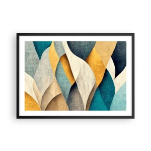 Póster en marco negro - Ondas abstractas en tonos azules y dorados. - 70x50cm - Ritmo y ondulación - Decoración de pared moderna para salón y dormitorio ARTTOR