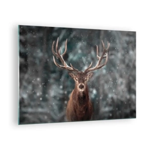 Cuadro sobre vidrio - Impresiones sobre Vidrio - Un ciervo orgulloso en un bosque invernal en medio de la nieve que cae. - 70x50cm - Coronado rey del bosque - Decoración de pared moderna para salón y dormitorio ARTTOR