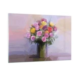 Cuadro sobre vidrio - Impresiones sobre Vidrio - Un ramo de rosas en un jarrón de cristal sobre un fondo pastel. - 120x80cm - Belleza inmortalizada - Decoración de pared moderna para salón y dormitorio ARTTOR