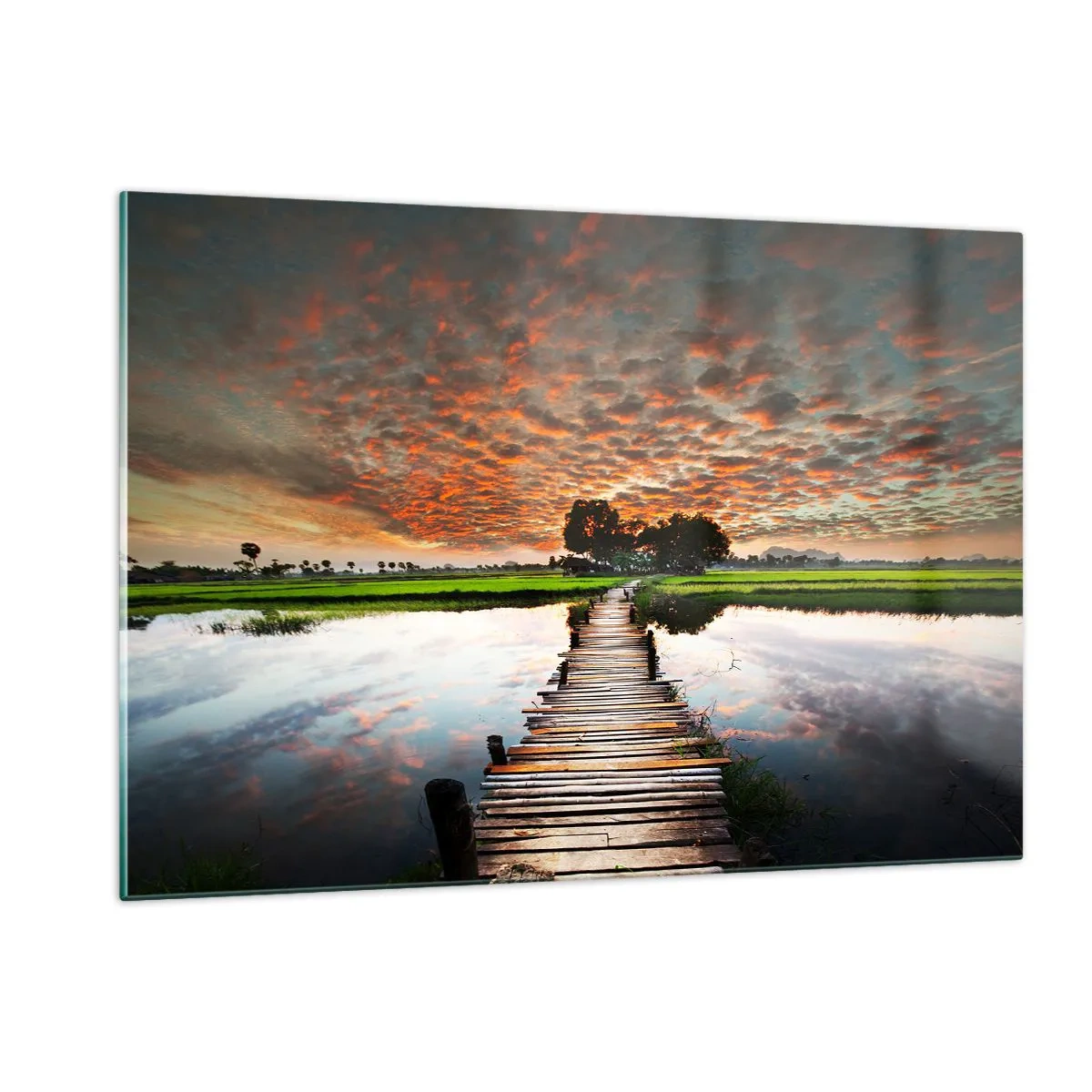 Cuadro sobre vidrio - Impresiones sobre Vidrio - Puente de madera sobre el río al atardecer - 120x80cm - Extiende tus brazos - respira  - Decoración de pared moderna para salón y dormitorio ARTTOR