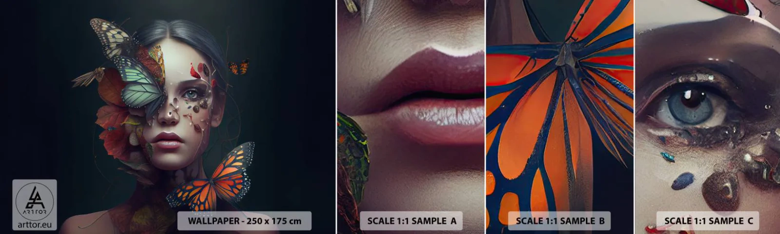 Muestra De Fotomural Standard Eco - Una metamorfosis maravillosa - mariposas, Rostro, Mujer - 100x30 cm