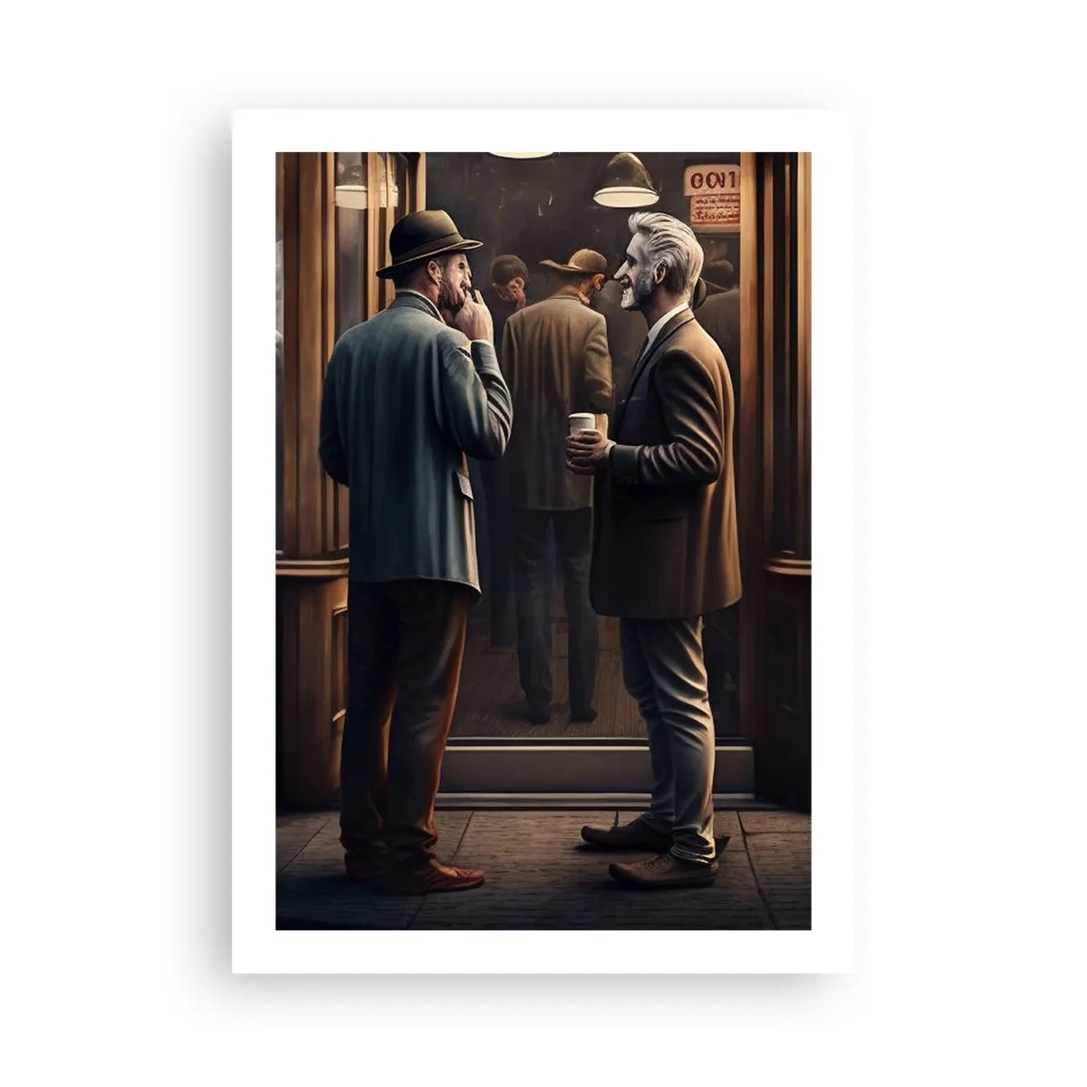 Póster - Dos hombres elegantes hablando frente a un café. - 50x70cm - Un buen momento del día - Decoración de pared moderna para salón y dormitorio ARTTOR