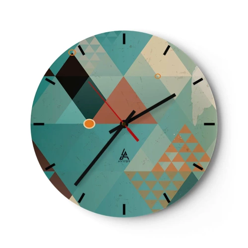 Reloj de pared - Reloj de vidrio - Una composición geométrica de triángulos en tonos verdes y beige. - 30x30cm - Uno para todos y todos para uno - Decoración de pared moderna para salón, cocina y dormitorio ARTTOR