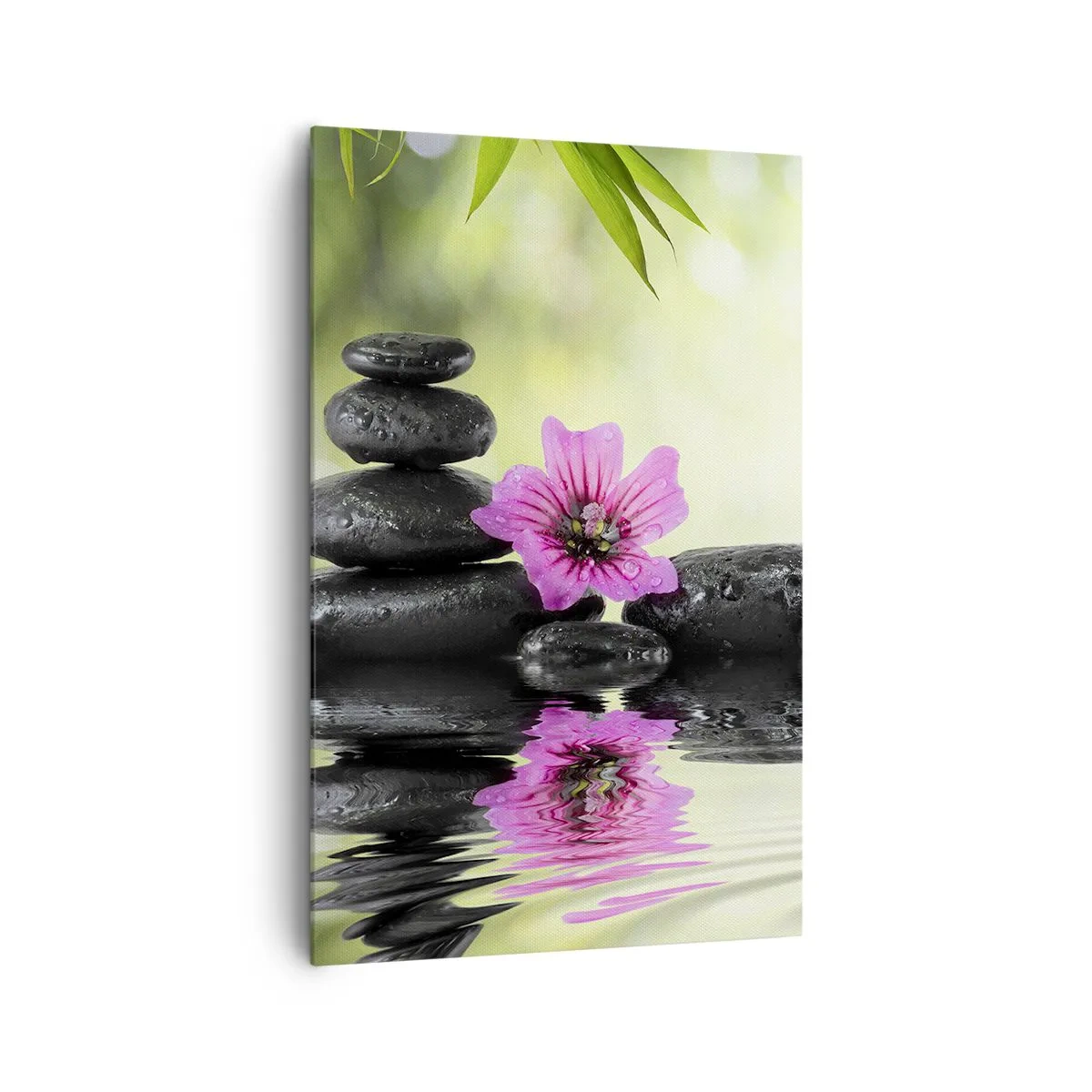 Cuadro sobre lienzo - Impresión de Imagen - Piedras zen y una flor rosa reflejada en el agua. - 80x120cm - Tiempo para el alma - Decoración de pared moderna para salón y dormitorio ARTTOR