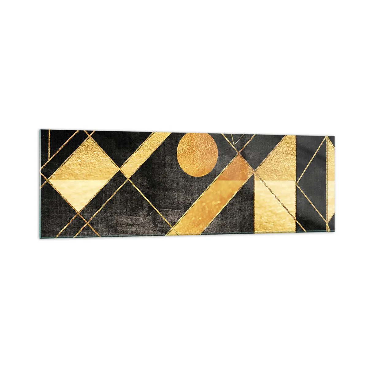 Cuadro sobre vidrio - Impresiones sobre Vidrio - Formas geométricas en tonos dorados y negros. - 160x50cm - Sol del desierto - Decoración de pared moderna para salón y dormitorio ARTTOR