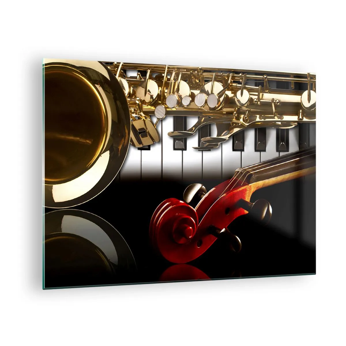Cuadro sobre vidrio - Impresiones sobre Vidrio - Saxofón, teclado y arco en una composición artística - 70x50cm - Chapa, madera y marfil - Decoración de pared moderna para salón y dormitorio ARTTOR