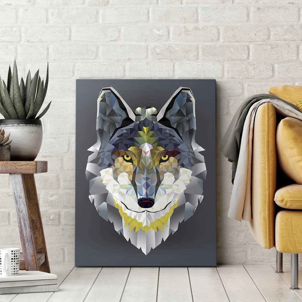 Cuadro sobre lienzo - Impresión de Imagen - Imagen geométrica de un lobo sobre un fondo gris. - 50x70cm - Habla del lobo si lo ves - Decoración de pared moderna para salón y dormitorio ARTTOR