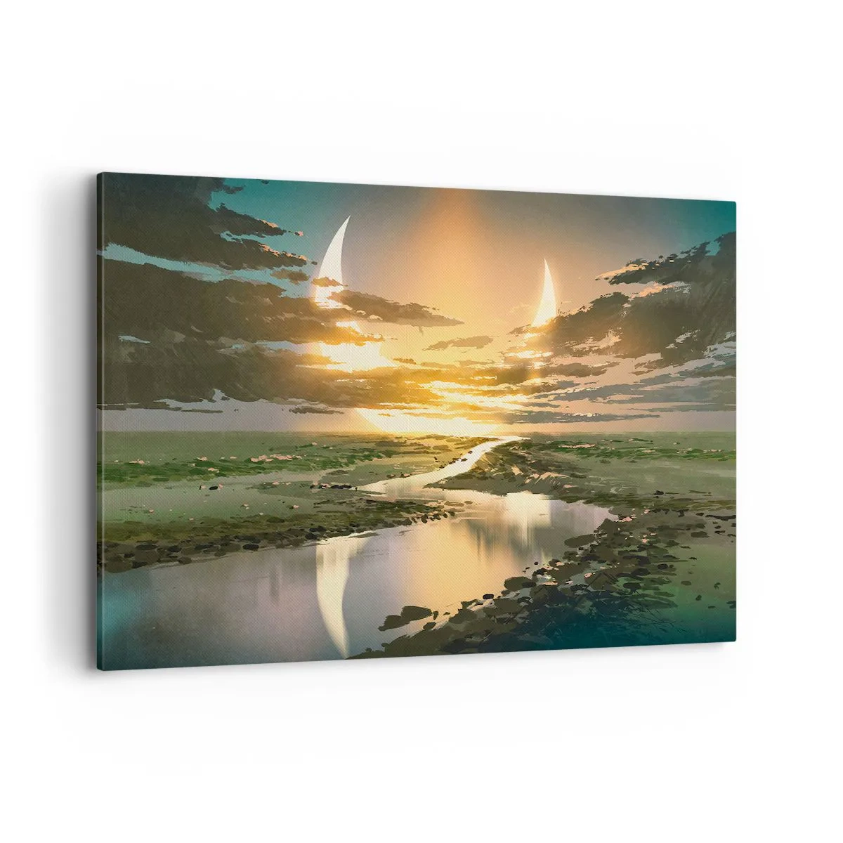 Cuadro sobre lienzo - Impresión de Imagen - Un paisaje fantástico con dos lunas en el horizonte. - 120x80cm - En algún lugar de una galaxia muy, muy lejana - Decoración de pared moderna para salón y dormitorio ARTTOR