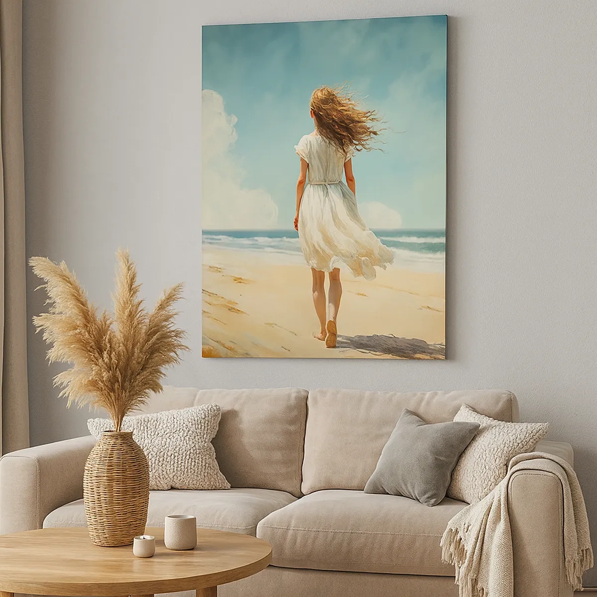 Cuadro sobre lienzo - Impresión de Imagen - Una mujer con un vestido blanco caminando por la playa en un día soleado. - 50x70cm - Al encuentro del sol y del viento - Decoración de pared moderna para salón y dormitorio ARTTOR