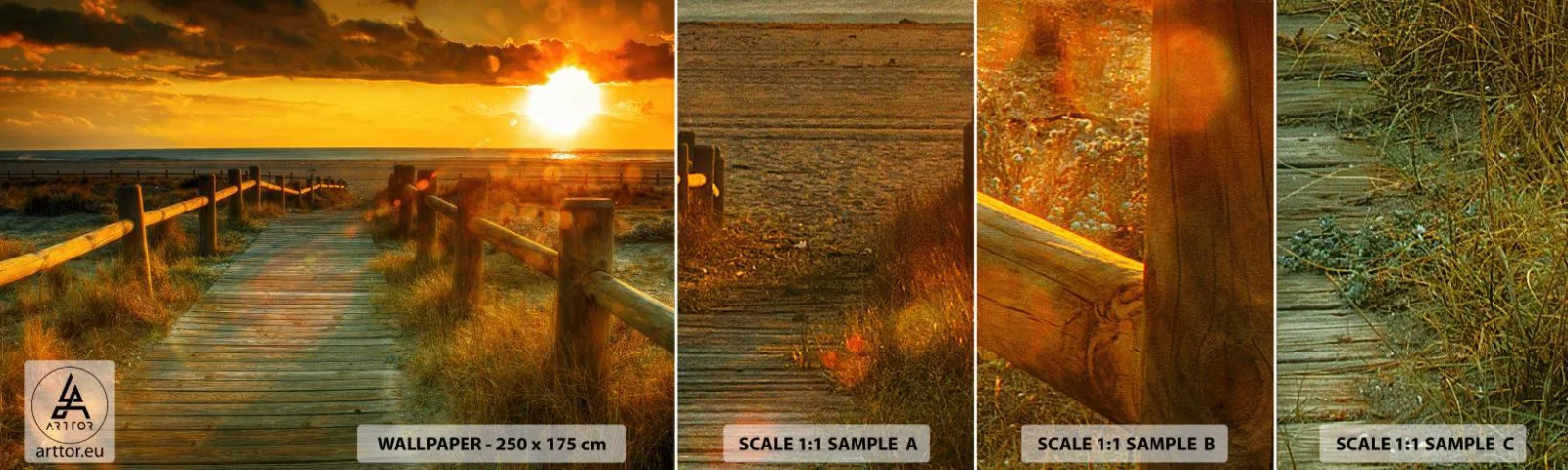 Muestra De Fotomural Standard Eco - Bañado en oro viejo - Paisaje, Mar, Descenso a la playa - 100x30 cm