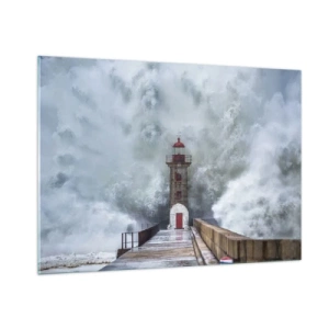 Cuadro sobre vidrio - Impresiones sobre Vidrio - Un faro es golpeado por una poderosa ola. - 100x70cm - El rugido de las aguas, la fuerza del viento - Decoración de pared moderna para salón y dormitorio ARTTOR