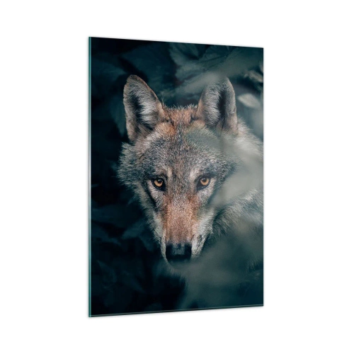 Cuadro sobre vidrio - Impresiones sobre Vidrio - Un lobo observa atentamente desde su escondite en la espesura del bosque. - 50x70cm - Cazador - Decoración de pared moderna para salón y dormitorio ARTTOR