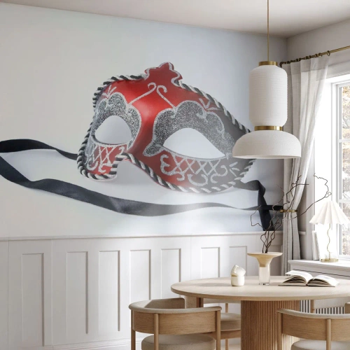 Fotomural Standard Eco - Una elegante máscara veneciana en colores rojo y negro. - 100x70cm - Invitación al baile - Decoración de pared moderna para salón y dormitorio ARTTOR
