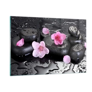 Cuadro sobre vidrio - Impresiones sobre Vidrio - Piedras de spa con flores sobre un fondo húmedo. - 120x80cm - Y una piedra cae del corazón - Decoración de pared moderna para salón y dormitorio ARTTOR