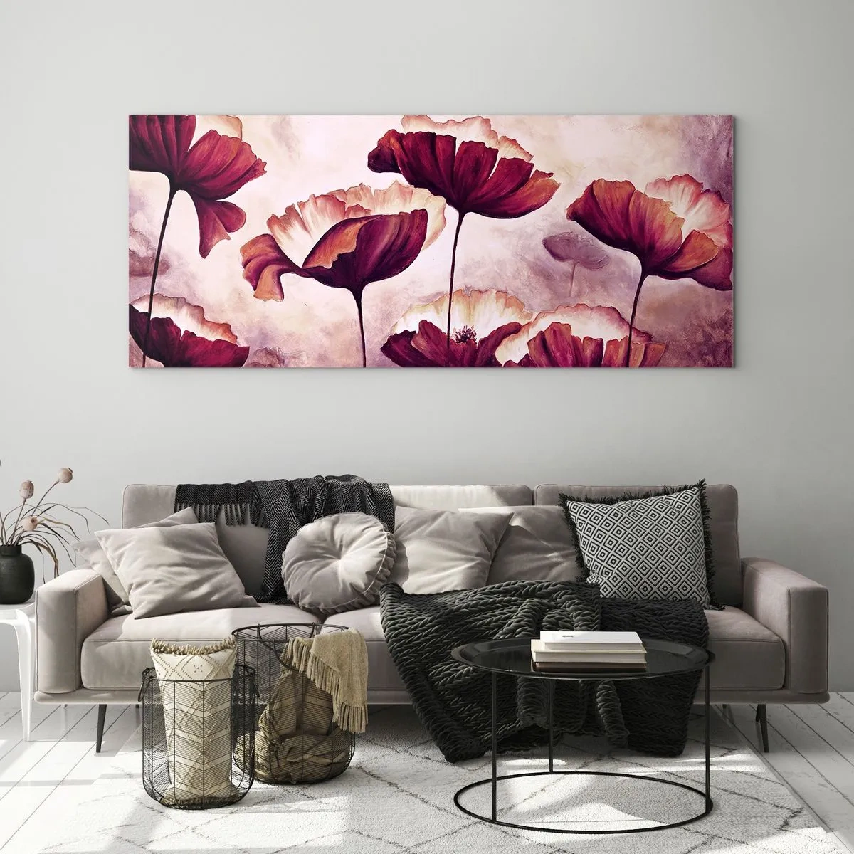 Cuadro sobre vidrio - Impresiones sobre Vidrio - Flores en tonos rojos y blancos sobre un fondo sutil. - 120x50cm - Pétalo rojo y blanco - Decoración de pared moderna para salón y dormitorio ARTTOR