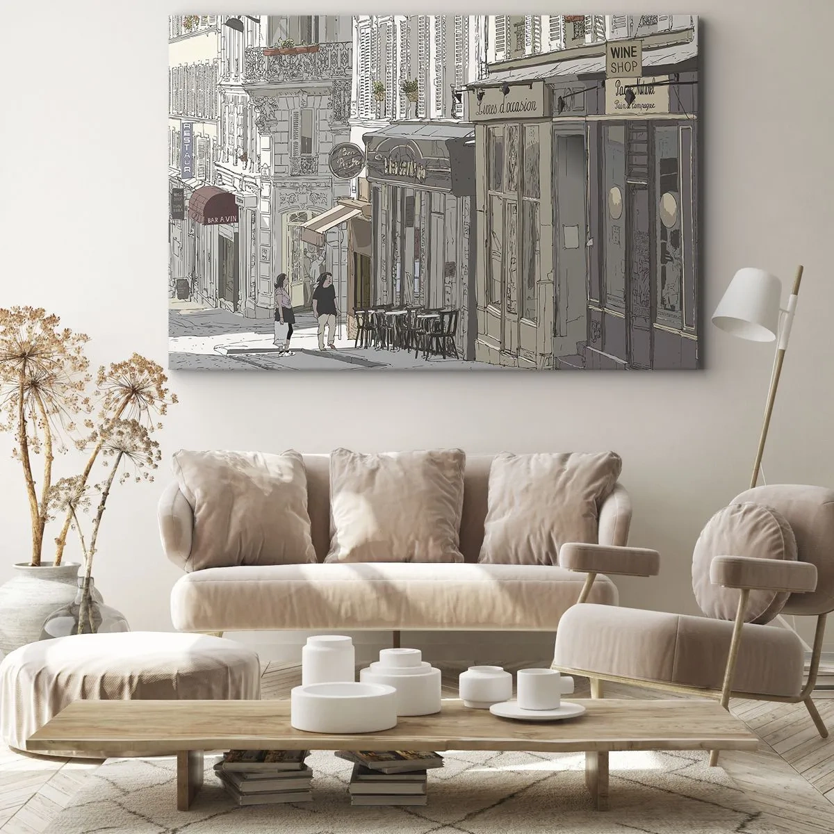 Cuadro sobre lienzo - Impresión de Imagen - Ilustración de una calle de la ciudad con cafés y tiendas. - 70x50cm - Alegrías urbanas - Decoración de pared moderna para salón y dormitorio ARTTOR