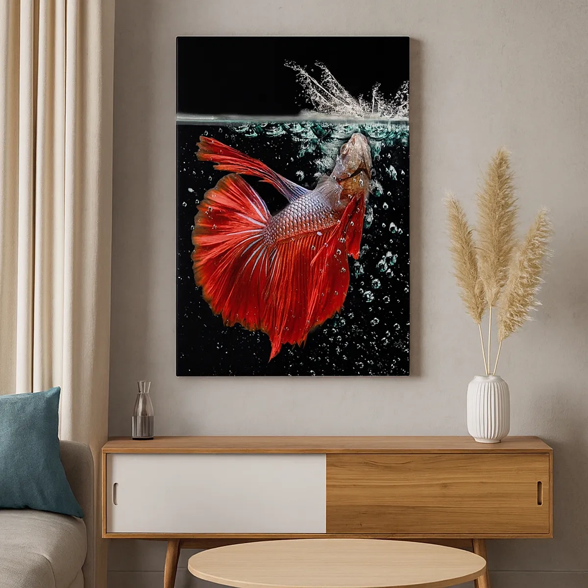 Cuadro sobre lienzo - Impresión de Imagen - Un magnífico betta en el agua sobre un fondo oscuro. - 50x70cm - Tienes tres deseos - Decoración de pared moderna para salón y dormitorio ARTTOR