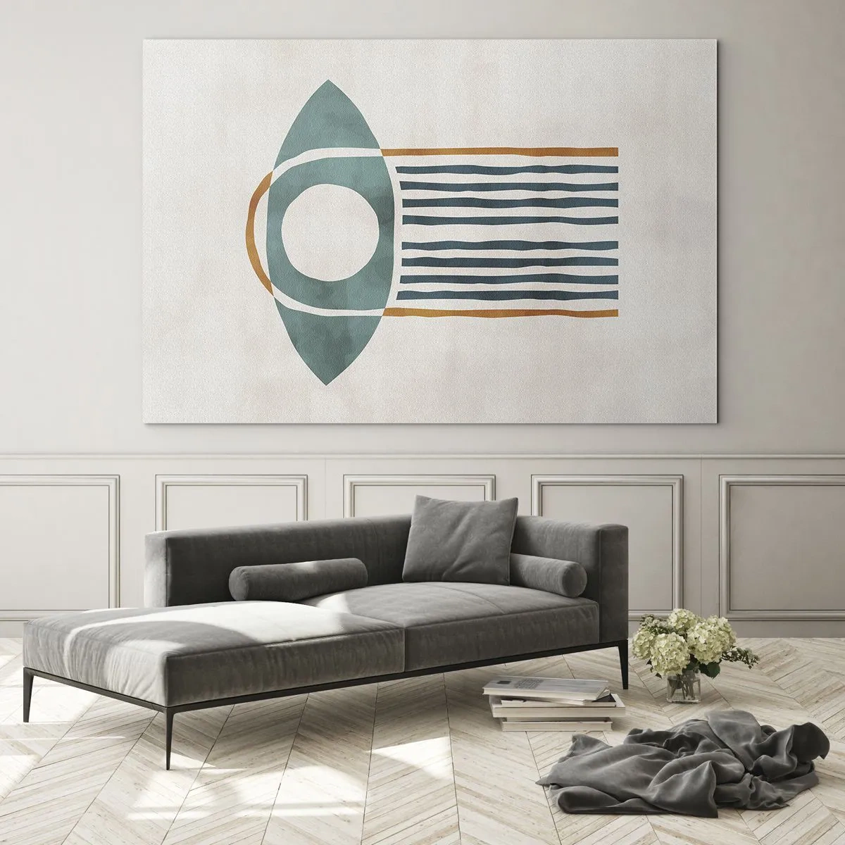 Cuadro sobre vidrio - Impresiones sobre Vidrio - Forma geométrica con círculo y líneas en tonos verdes y rojos. - 120x80cm - Signos y rituales - Decoración de pared moderna para salón y dormitorio ARTTOR