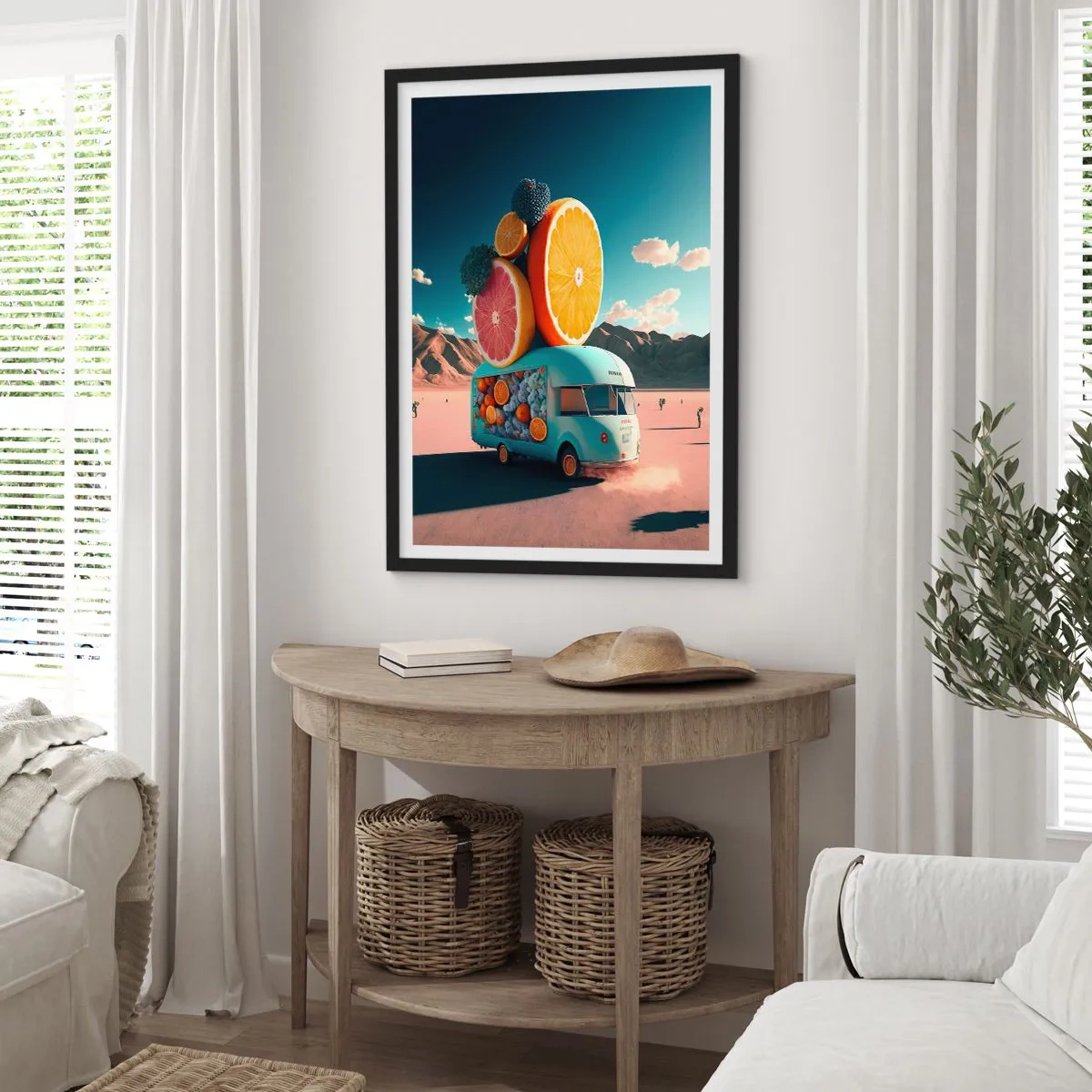 Póster en marco negro - Camión de frutas de lujo en el desierto - 50x70cm - Un sabor a vacaciones - Decoración de pared moderna para salón y dormitorio ARTTOR