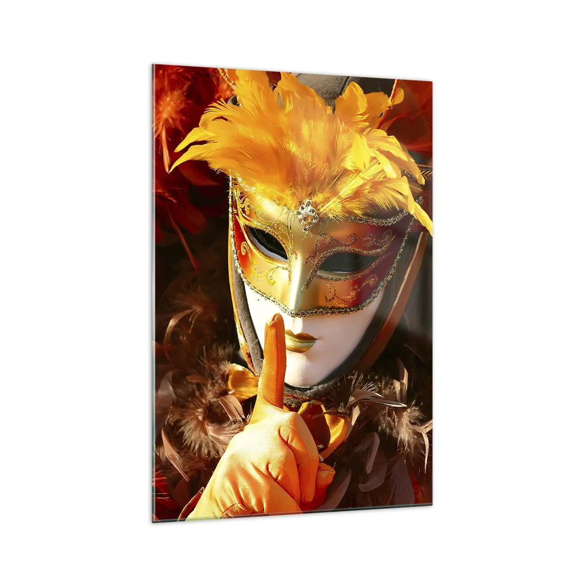 Cuadro sobre vidrio - Impresiones sobre Vidrio - Máscara de carnaval en tonos dorados y naranjas. - 70x100cm - El misterio es parte del juego - Decoración de pared moderna para salón y dormitorio ARTTOR