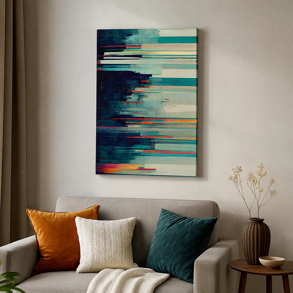 Cuadro sobre lienzo - Impresión de Imagen - Abstracción con líneas verticales y un horizonte de ciudad. - 50x70cm - Ciudad futurista - Decoración de pared moderna para salón y dormitorio ARTTOR