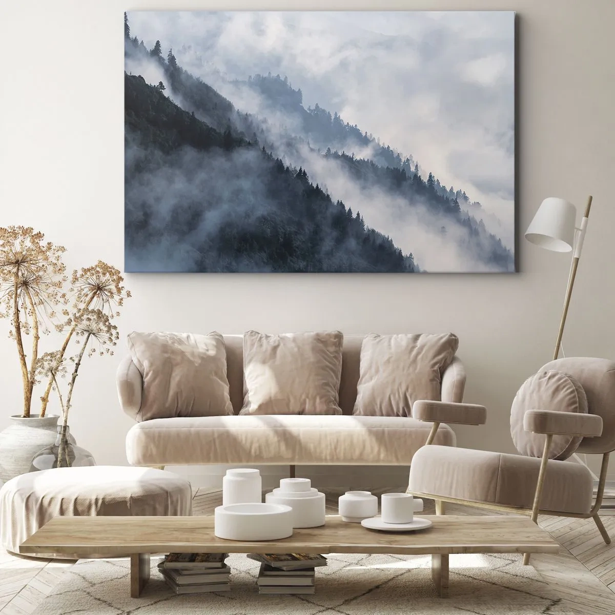 Cuadro sobre lienzo - Impresión de Imagen - La niebla se cierne sobre las laderas boscosas de las montañas en un paisaje misterioso. - 70x50cm - Misticismo de las montañas - Decoración de pared moderna para salón y dormitorio ARTTOR