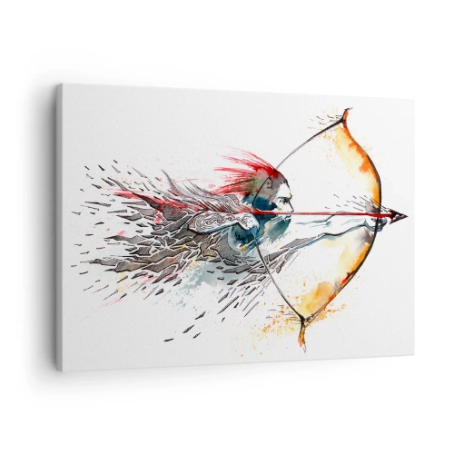 Cuadro sobre lienzo - Impresión de Imagen - Pintura dinámica de acuarela de un guerrero con arco y flecha. - 70x50cm - Guerrero mítico con arco de fuego - Decoración de pared moderna para salón y dormitorio ARTTOR