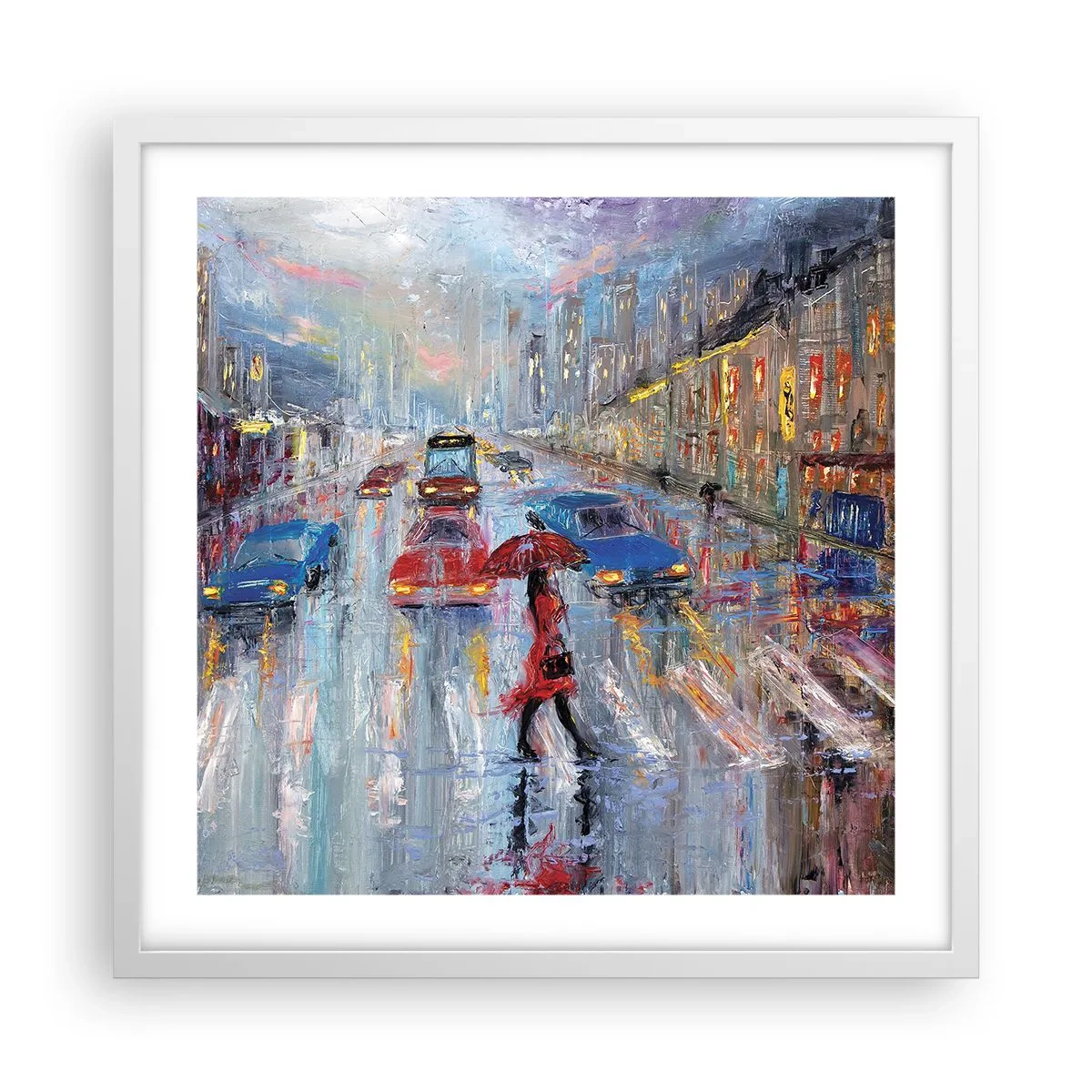 Póster en marco blanco - Una tarde de lluvia en la ciudad - 50x50 cm