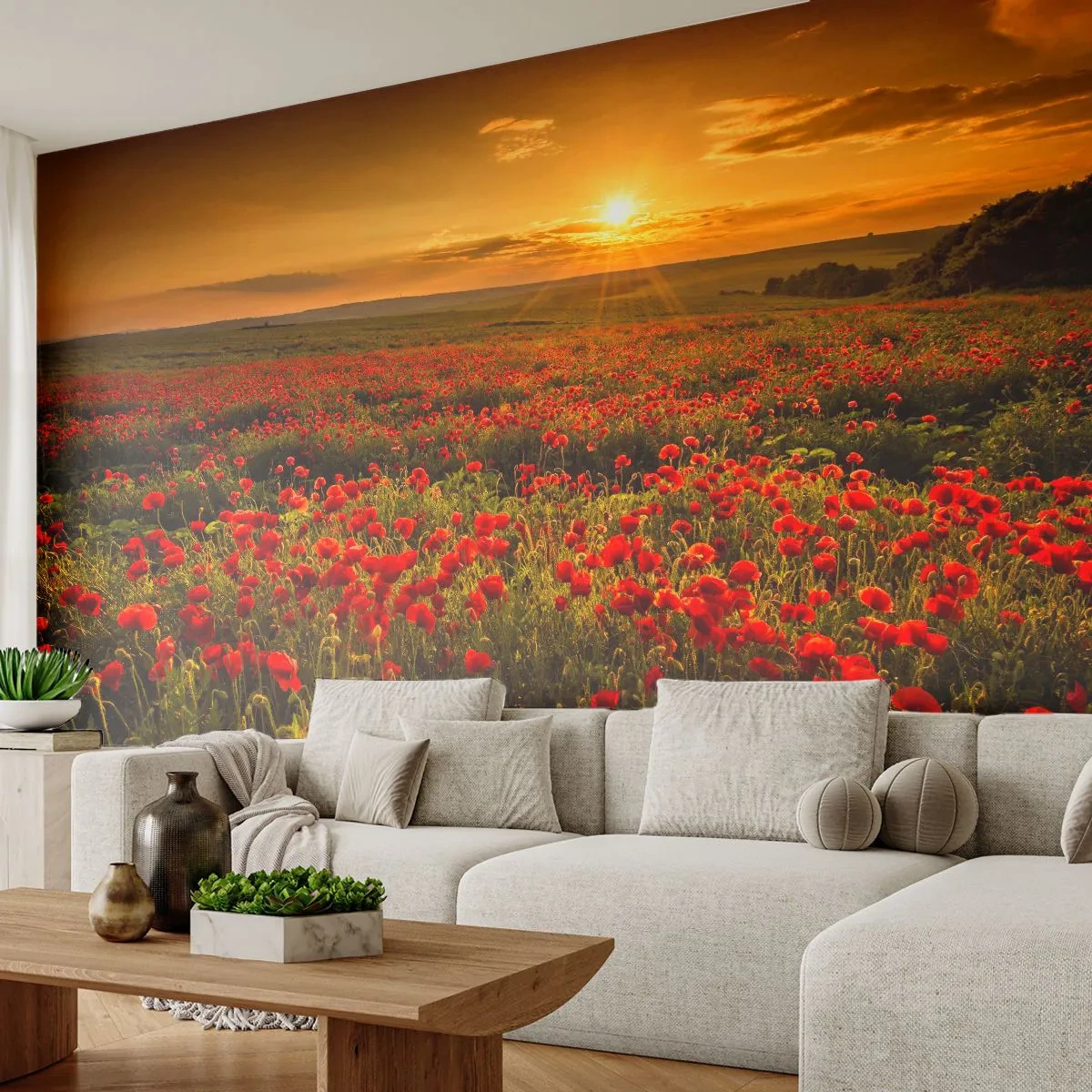 Fotomural Premium Sand - Entre los campos de flores - Paisaje, flores, amapolas - 200x140 cm
