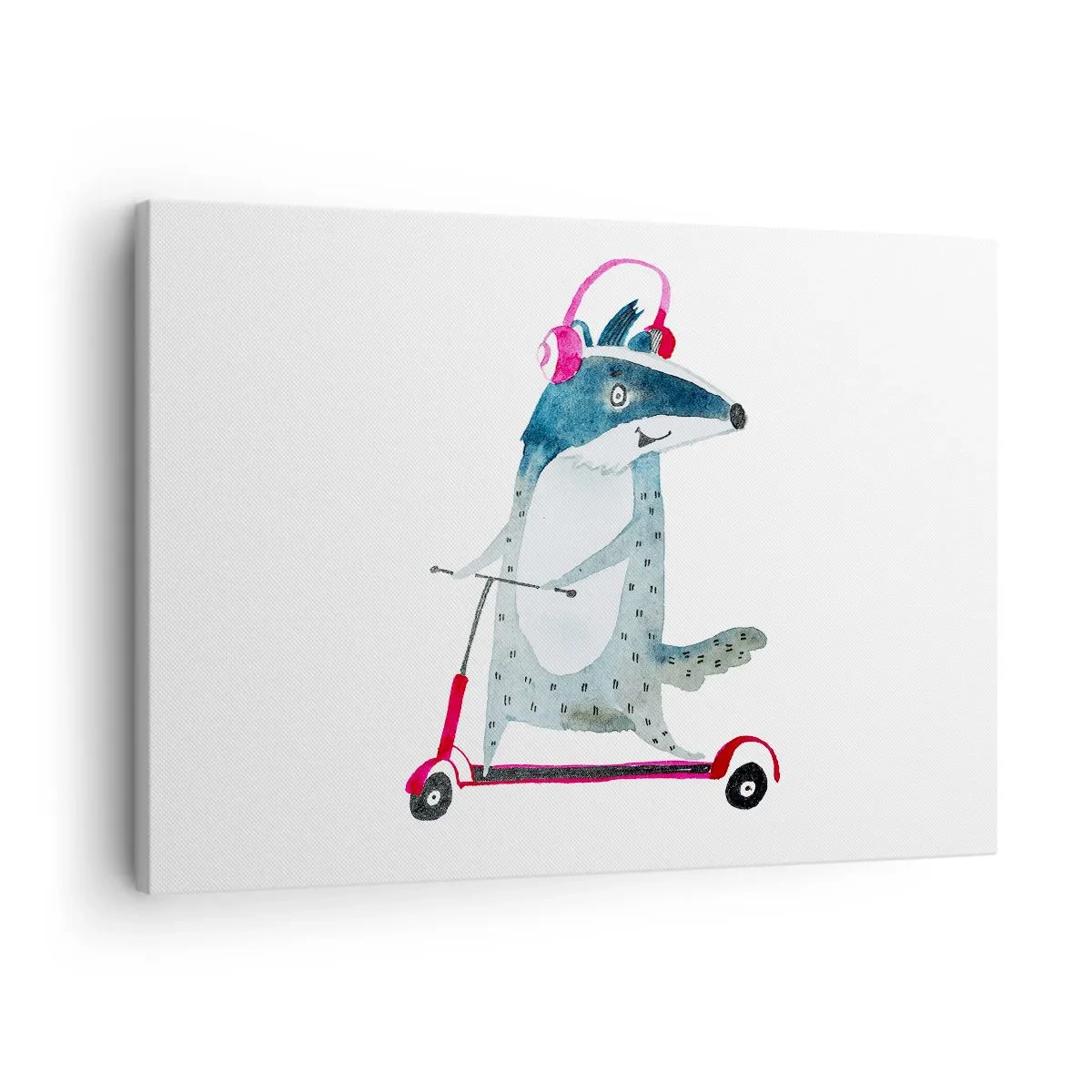 Cuadro sobre lienzo - Impresión de Imagen - Tejón en un scooter con auriculares rosas - 70x50cm - Alegrías de tejón - Decoración de pared moderna para salón y dormitorio ARTTOR