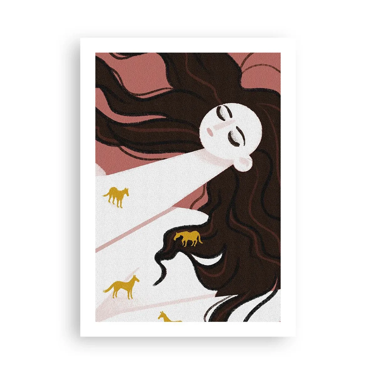 Póster - Una mujer de ensueño con cabello largo y caballos dorados. - 50x70cm - Sueño de caballos dorados - Decoración de pared moderna para salón y dormitorio ARTTOR