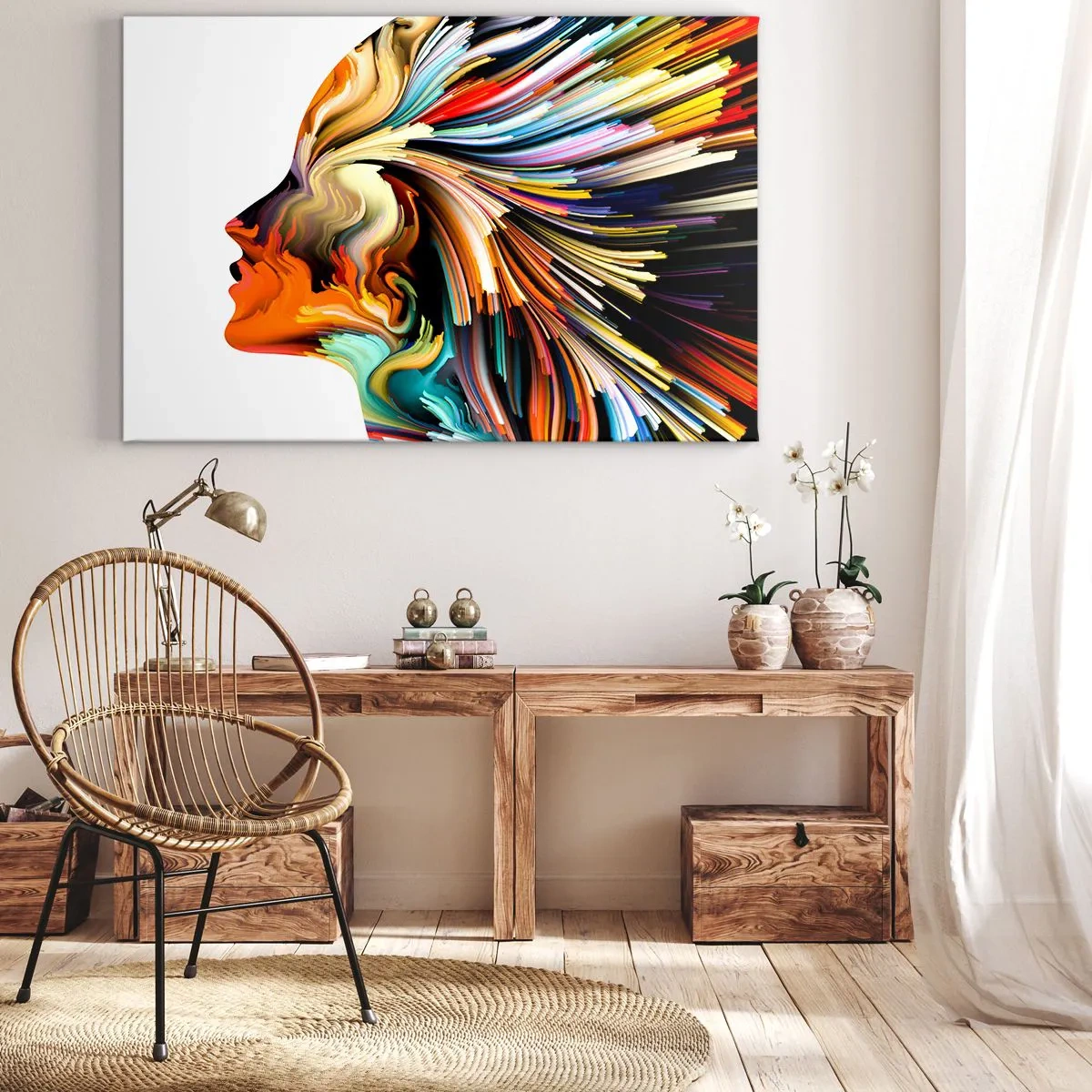 Cuadro sobre lienzo - Impresión de Imagen - Perfil de rostro abstracto con líneas dinámicas coloridas. - 100x70cm - La explosión de la imaginación - Decoración de pared moderna para salón y dormitorio ARTTOR