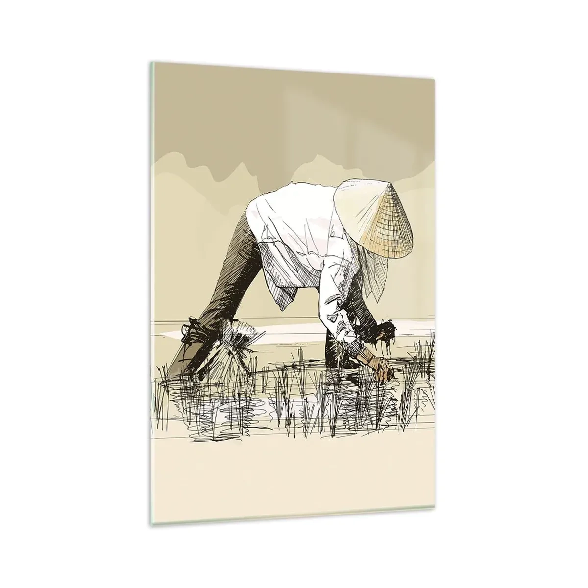 Cuadro sobre vidrio - Impresiones sobre Vidrio - Agricultores trabajando en un campo de arroz con sombreros tradicionales - 80x120cm - De una cosecha exitosa - Decoración de pared moderna para salón y dormitorio ARTTOR