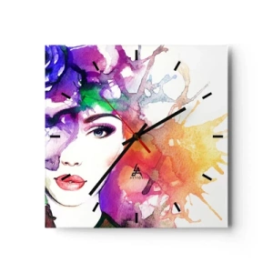 Reloj de pared - Reloj de vidrio - Retrato de una mujer en colores de acuarela con manchas abstractas. - 30x30cm - Con la cabeza en las nubes - Decoración de pared moderna para salón y dormitorio ARTTOR