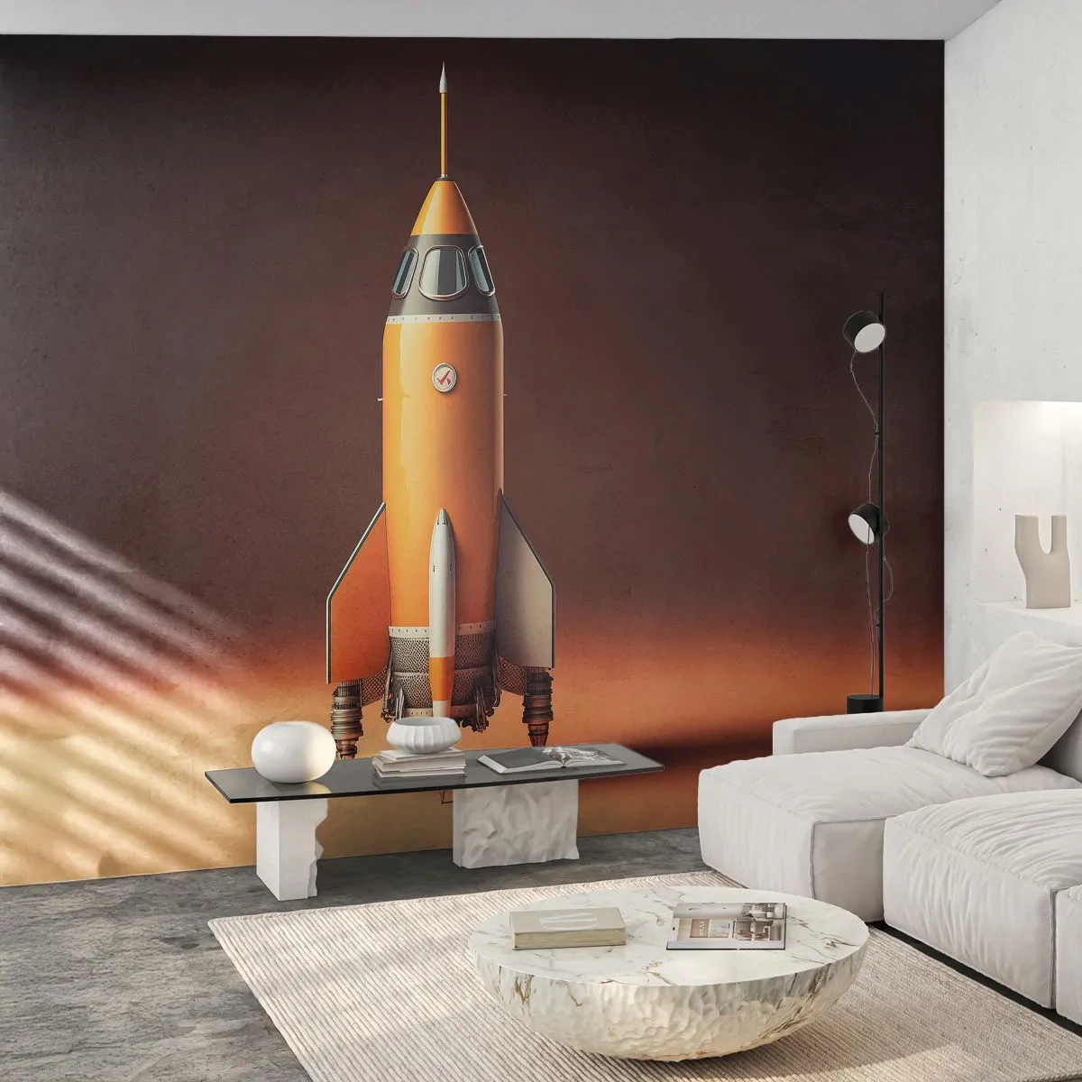 Fotomural Premium Sand - Cohete naranja sobre un fondo marrón en estilo retro - 100x70cm - Comienza con un sueño - Decoración de pared moderna para salón y dormitorio ARTTOR