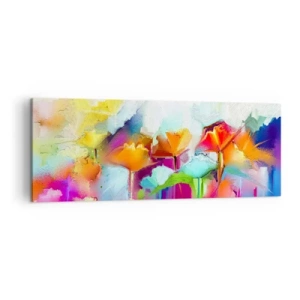 Cuadro sobre lienzo - Impresión de Imagen - Flores abstractas de colores sobre un fondo claro - 140x50cm - Un arco iris ha florecido - Decoración de pared moderna para salón y dormitorio ARTTOR