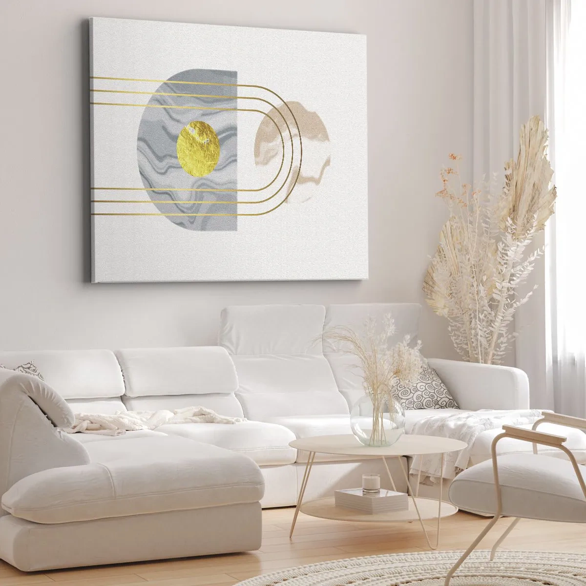 Cuadro sobre lienzo - Impresión de Imagen - Composición abstracta con círculos y líneas doradas sobre fondo claro. - 70x50cm - Brillo y resplandor - Decoración de pared moderna para salón y dormitorio ARTTOR