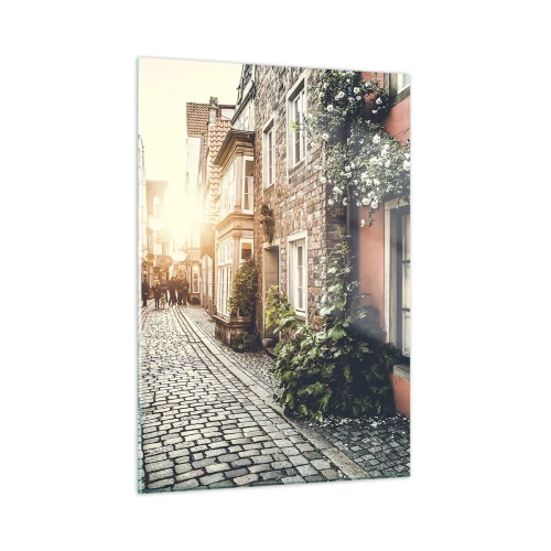 Cuadro sobre vidrio - Impresiones sobre Vidrio - Una encantadora calle con casas de vecindad iluminadas por la puesta de sol. - 50x70cm - El callejón de las rosas - Decoración de pared moderna para salón y dormitorio ARTTOR