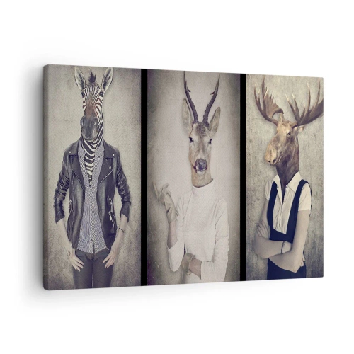 Cuadro sobre lienzo - Impresión de Imagen - Un tríptico con figuras de animales con ropa humana sobre un fondo artístico. - 70x50cm - Que los gestos hablen - Decoración de pared moderna para salón y dormitorio ARTTOR
