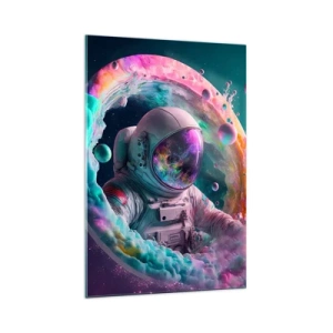 Cuadro sobre vidrio - Impresiones sobre Vidrio - Astronauta en un aura cósmica colorida - 70x100cm - Puerta estelar - Decoración de pared moderna para salón y dormitorio ARTTOR
