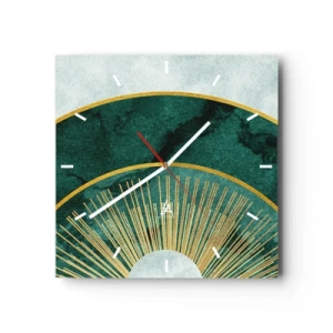 Reloj de pared - Reloj de vidrio - Patrón abstracto con círculos en colores esmeralda y dorado. - 30x30cm - Un sistema solar diferente - Decoración de pared moderna para salón y dormitorio ARTTOR